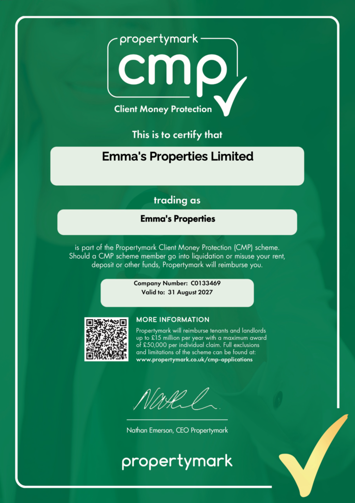 Propertymark Client Money Protection certificate for Emma's Properties Limited, valid to 31 August 2027